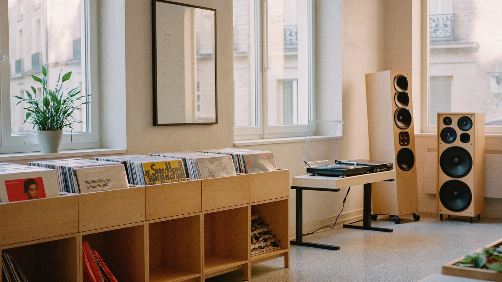 Interno luminoso del negozio Behniter Audio a Milano con cassettiere di vinili e diffusori in legno
